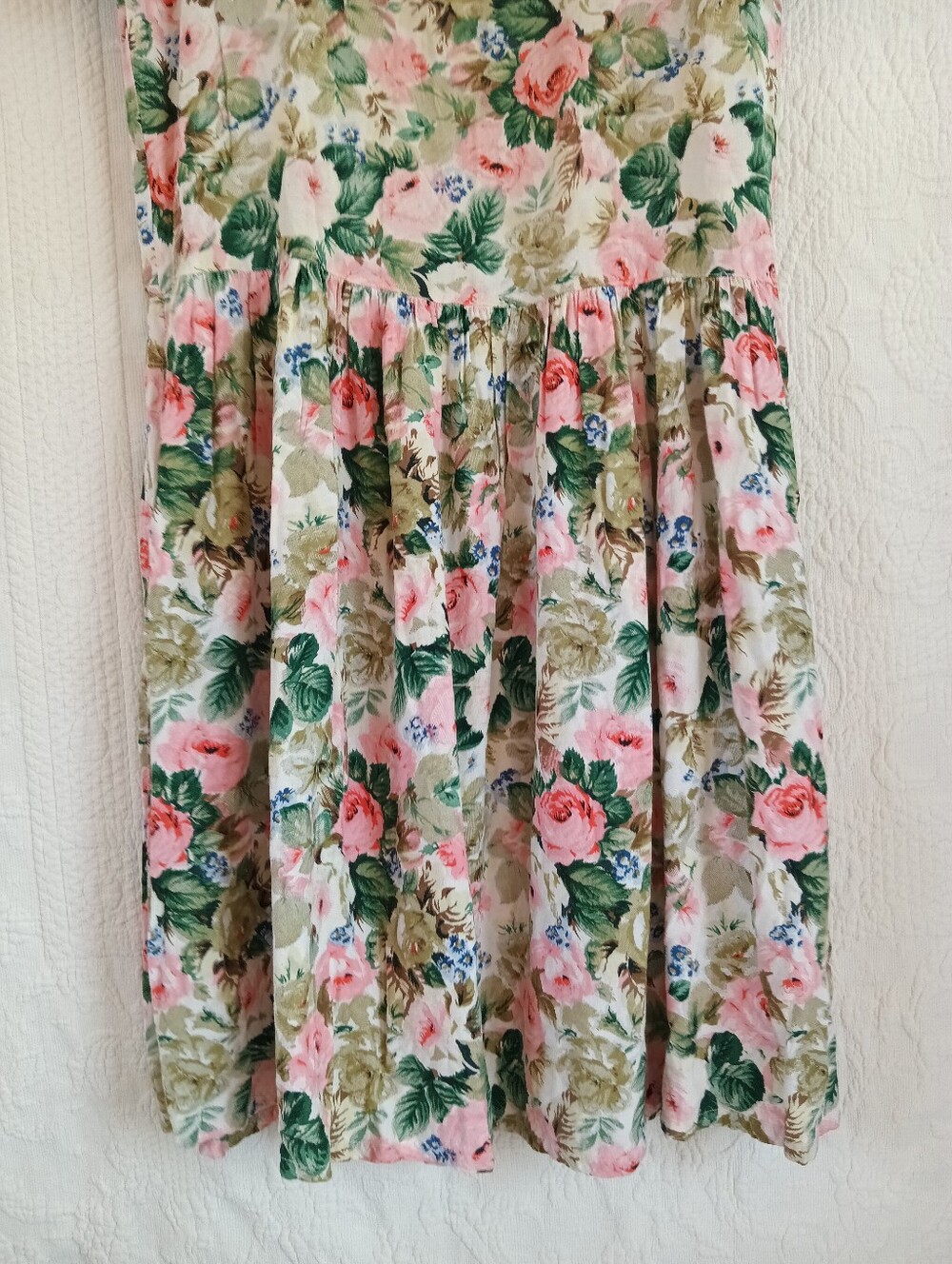 Vintage Garden Dress Floral Button-Front Midi Front Pocket Pink Green Soft Flowy - Picture 8 of 11